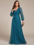 Shimmering All Over V-Neck Long Lantern Sleeve Sequin A-Line Evening Dress – Teal