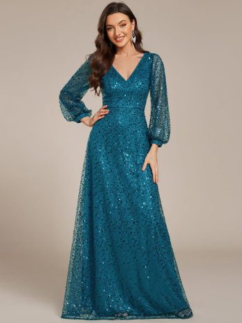 Shimmering All Over V-Neck Long Lantern Sleeve Sequin A-Line Evening Dress - Teal