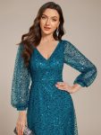 Shimmering All Over V-Neck Long Lantern Sleeve Sequin A-Line Evening Dress – Teal