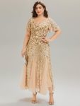 Embroidered Sequin Ruffle Sleeve Evening Dress – Gold