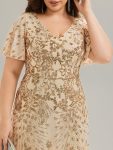 Embroidered Sequin Ruffle Sleeve Evening Dress – Gold