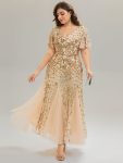 Embroidered Sequin Ruffle Sleeve Evening Dress – Gold