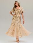 Embroidered Sequin Ruffle Sleeve Evening Dress - Gold
