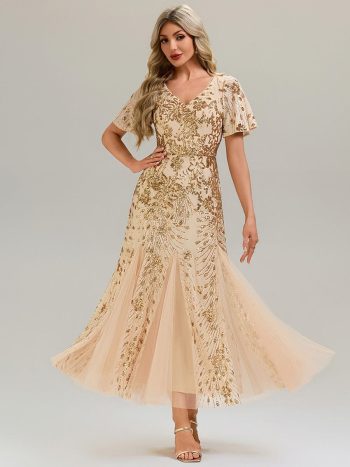 Embroidered Sequin Ruffle Sleeve Evening Dress - Gold