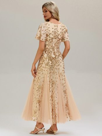 Embroidered Sequin Ruffle Sleeve Evening Dress - Gold