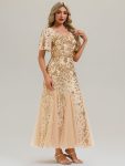 Embroidered Sequin Ruffle Sleeve Evening Dress – Gold