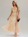 Embroidered Sequin Ruffle Sleeve Evening Dress – Gold