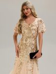 Embroidered Sequin Ruffle Sleeve Evening Dress – Gold