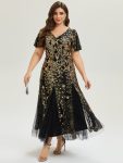 Embroidered Sequin Ruffle Sleeve Evening Dress – Black & Gold