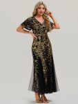 Embroidered Sequin Ruffle Sleeve Evening Dress – Black & Gold