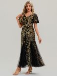 Embroidered Sequin Ruffle Sleeve Evening Dress – Black & Gold
