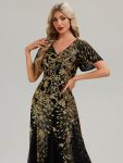 Embroidered Sequin Ruffle Sleeve Evening Dress – Black & Gold