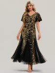 Embroidered Sequin Ruffle Sleeve Evening Dress - Black & Gold