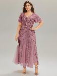 Embroidered Sequin Ruffle Sleeve Evening Dress – Purple Orchid