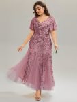 Embroidered Sequin Ruffle Sleeve Evening Dress – Purple Orchid