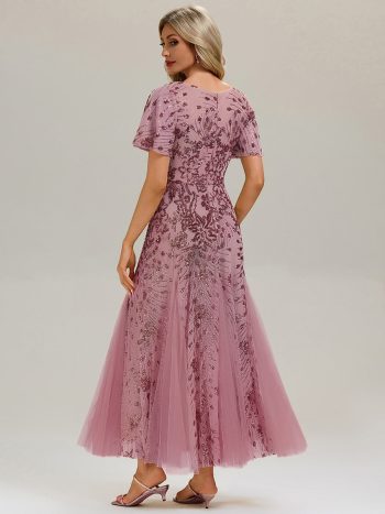 Embroidered Sequin Ruffle Sleeve Evening Dress - Purple Orchid