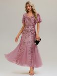 Embroidered Sequin Ruffle Sleeve Evening Dress - Purple Orchid