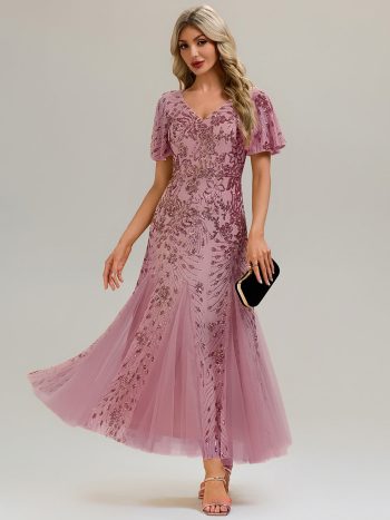 Embroidered Sequin Ruffle Sleeve Evening Dress - Purple Orchid