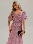 Embroidered Sequin Ruffle Sleeve Evening Dress – Purple Orchid