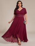 Double V-Neck Waist Trimmed Chiffon Mother of the Bride Dress – Burgundy