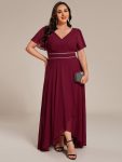 Double V-Neck Waist Trimmed Chiffon Mother of the Bride Dress – Burgundy