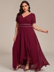 Double V-Neck Waist Trimmed Chiffon Mother of the Bride Dress – Burgundy