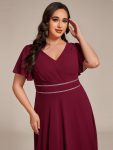 Double V-Neck Waist Trimmed Chiffon Mother of the Bride Dress – Burgundy