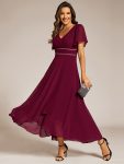 Double V-Neck Waist Trimmed Chiffon Mother of the Bride Dress – Burgundy