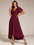 Double V-Neck Waist Trimmed Chiffon Mother of the Bride Dress – Burgundy
