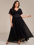 Double V-Neck Waist Trimmed Chiffon Mother of the Bride Dress – Black