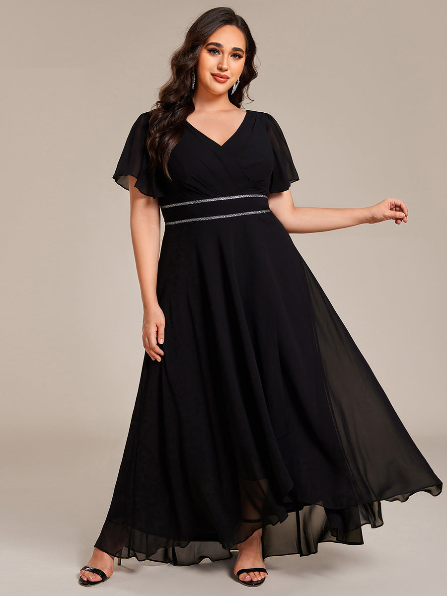 Double V-Neck Waist Trimmed Chiffon Mother of the Bride Dress - Black Double V-Neck Waist Trimmed Chiffon Mother of the Bride Dress - Black