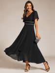 Double V-Neck Waist Trimmed Chiffon Mother of the Bride Dress – Black