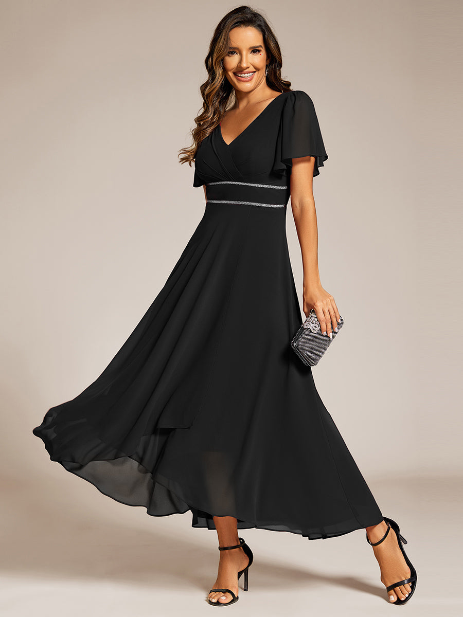 Double V-Neck Waist Trimmed Chiffon Mother of the Bride Dress - Black Double V-Neck Waist Trimmed Chiffon Mother of the Bride Dress - Black