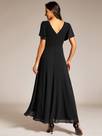 Double V-Neck Waist Trimmed Chiffon Mother of the Bride Dress - Black