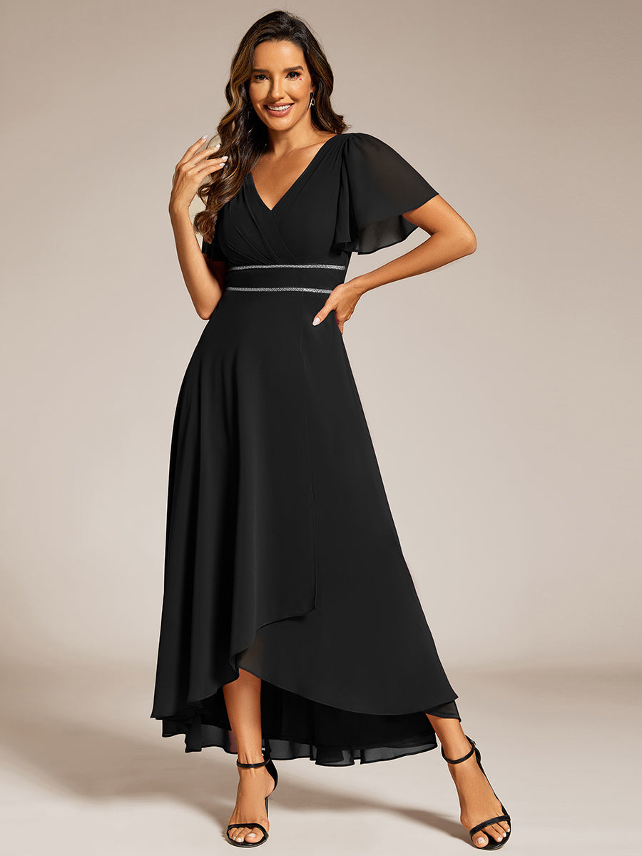 Double V-Neck Waist Trimmed Chiffon Mother of the Bride Dress - Black Double V-Neck Waist Trimmed Chiffon Mother of the Bride Dress - Black