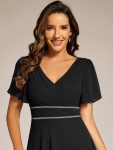 Double V-Neck Waist Trimmed Chiffon Mother of the Bride Dress – Black