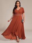 Double V-Neck Waist Trimmed Chiffon Mother of the Bride Dress – Burnt Orange