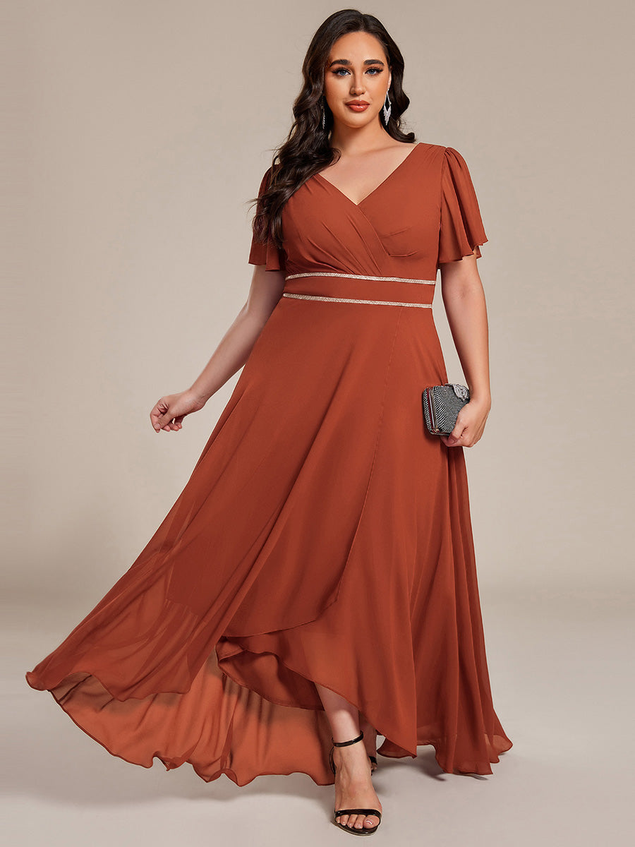 Double V-Neck Waist Trimmed Chiffon Mother of the Bride Dress - Burnt Orange Double V-Neck Waist Trimmed Chiffon Mother of the Bride Dress - Burnt Orange