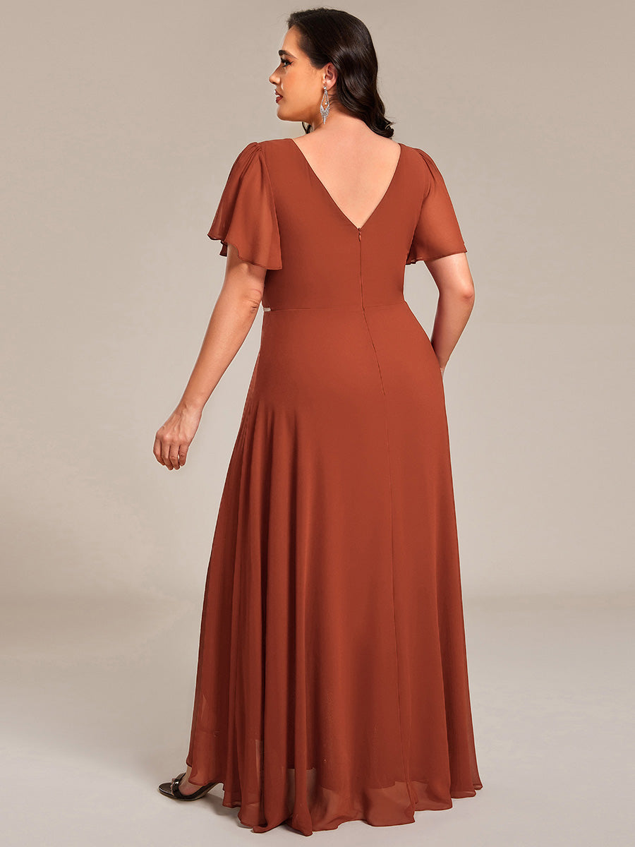 Double V-Neck Waist Trimmed Chiffon Mother of the Bride Dress - Burnt Orange Double V-Neck Waist Trimmed Chiffon Mother of the Bride Dress - Burnt Orange
