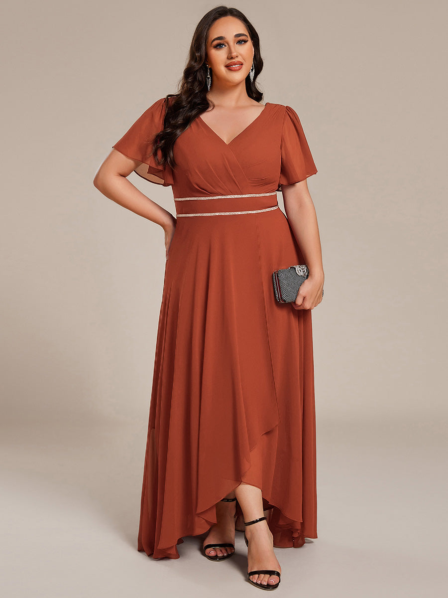 Double V-Neck Waist Trimmed Chiffon Mother of the Bride Dress - Burnt Orange Double V-Neck Waist Trimmed Chiffon Mother of the Bride Dress - Burnt Orange