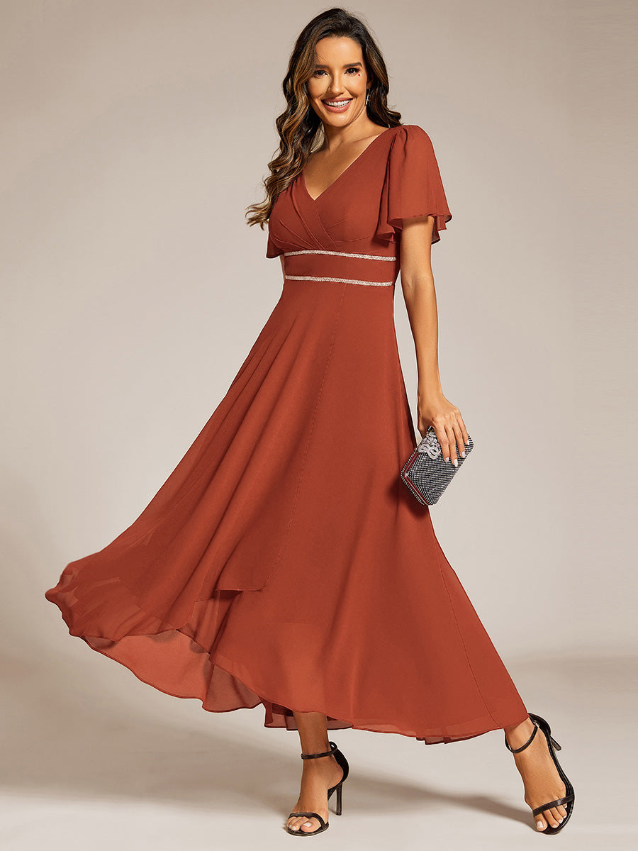 Double V-Neck Waist Trimmed Chiffon Mother of the Bride Dress - Burnt Orange Double V-Neck Waist Trimmed Chiffon Mother of the Bride Dress - Burnt Orange