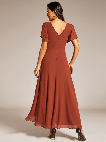 Double V-Neck Waist Trimmed Chiffon Mother of the Bride Dress - Burnt Orange