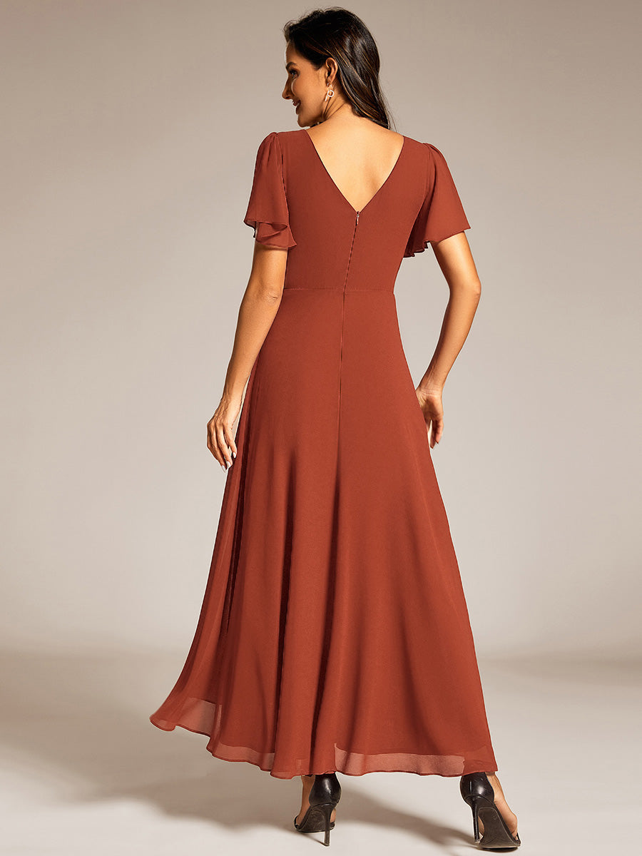 Double V-Neck Waist Trimmed Chiffon Mother of the Bride Dress - Burnt Orange Double V-Neck Waist Trimmed Chiffon Mother of the Bride Dress - Burnt Orange