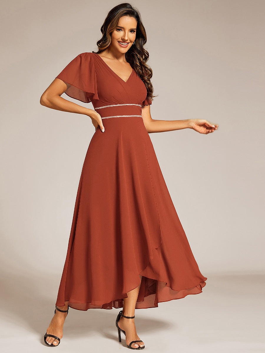 Double V-Neck Waist Trimmed Chiffon Mother of the Bride Dress - Burnt Orange Double V-Neck Waist Trimmed Chiffon Mother of the Bride Dress - Burnt Orange