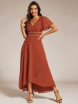 Double V-Neck Waist Trimmed Chiffon Mother of the Bride Dress – Burnt Orange