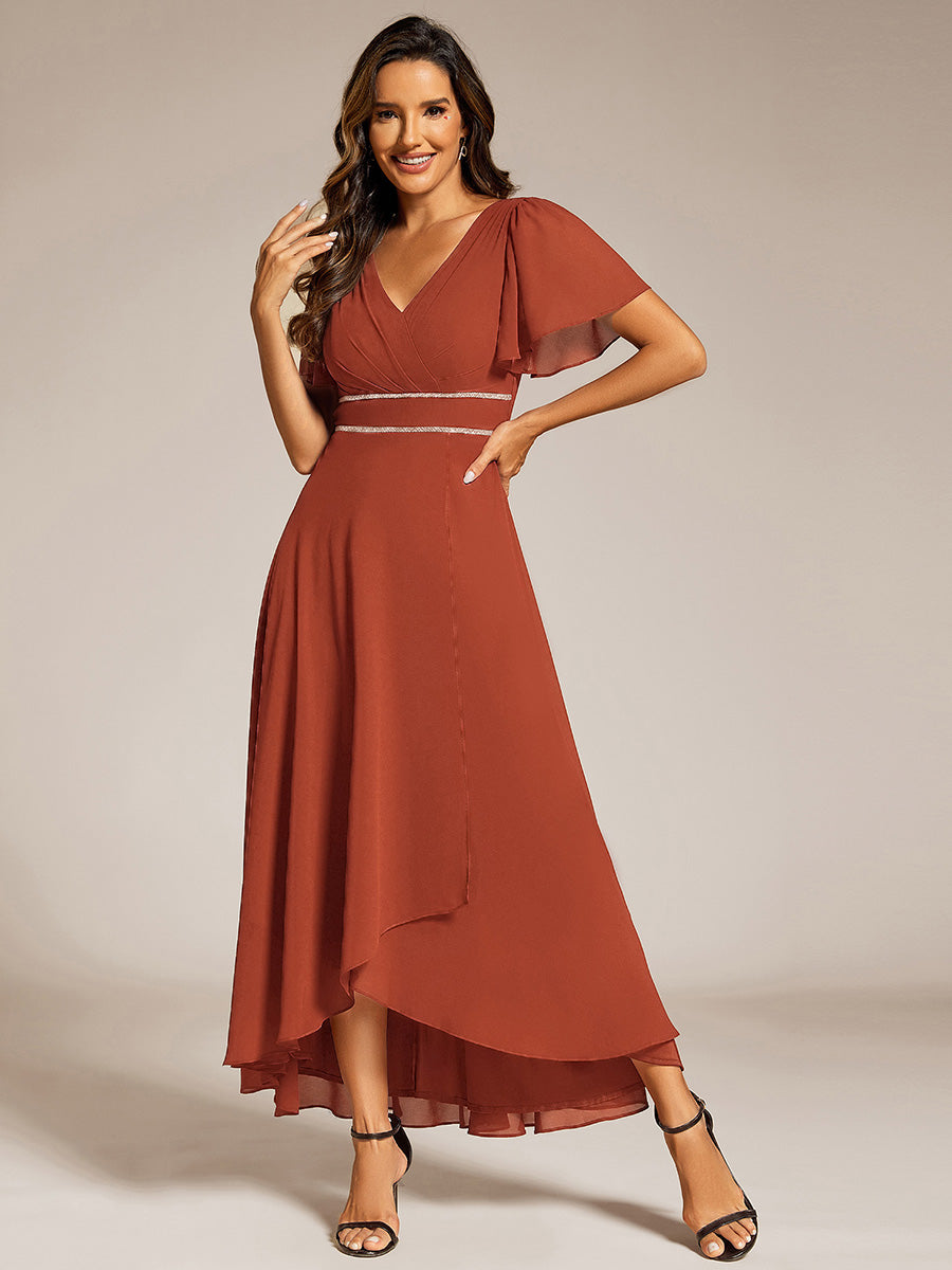 Double V-Neck Waist Trimmed Chiffon Mother of the Bride Dress - Burnt Orange Double V-Neck Waist Trimmed Chiffon Mother of the Bride Dress - Burnt Orange