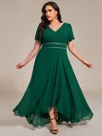 Double V-Neck Waist Trimmed Chiffon Mother of the Bride Dress – Dark Green
