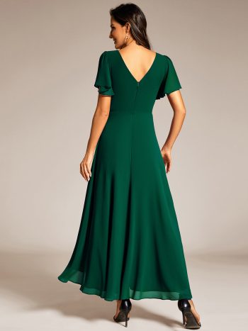 Double V-Neck Waist Trimmed Chiffon Mother of the Bride Dress - Dark Green