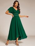 Double V-Neck Waist Trimmed Chiffon Mother of the Bride Dress – Dark Green