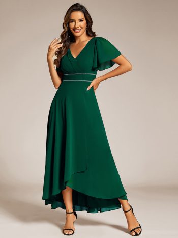 Double V-Neck Waist Trimmed Chiffon Mother of the Bride Dress - Dark Green